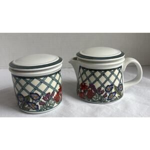 Dansk Nordic Garden Porcelain Lidded Creamer & Sugar Bowl Set Lattice & Ribbon